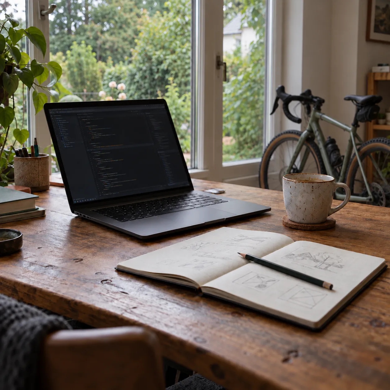 Laptop und Notizbuch auf einem Holztisch am Fenster, mit einem Gravelbike im Hintergrund